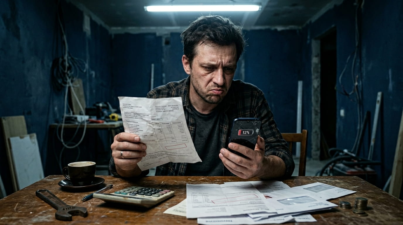 Растерянный мужчина 30 лет с пачкой неоплаченных счетов и сломанным телефоном на фоне недостроенного ремонта.